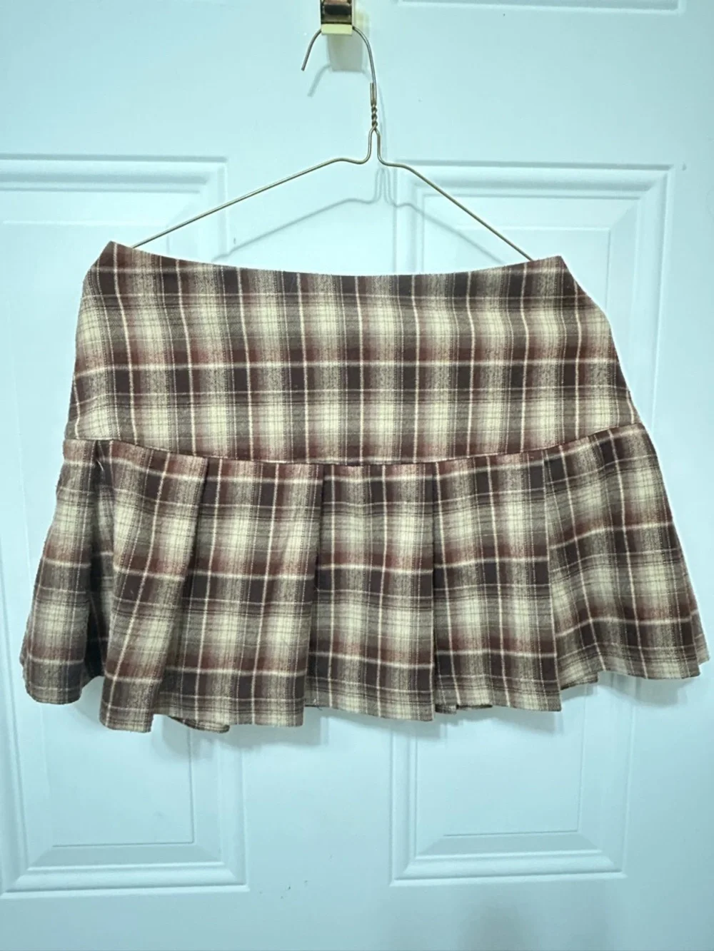 Stoosh Brown and Cream Plaid Pleated Mini Skirt kilt with Buckle Straps - Picture 8 of 8